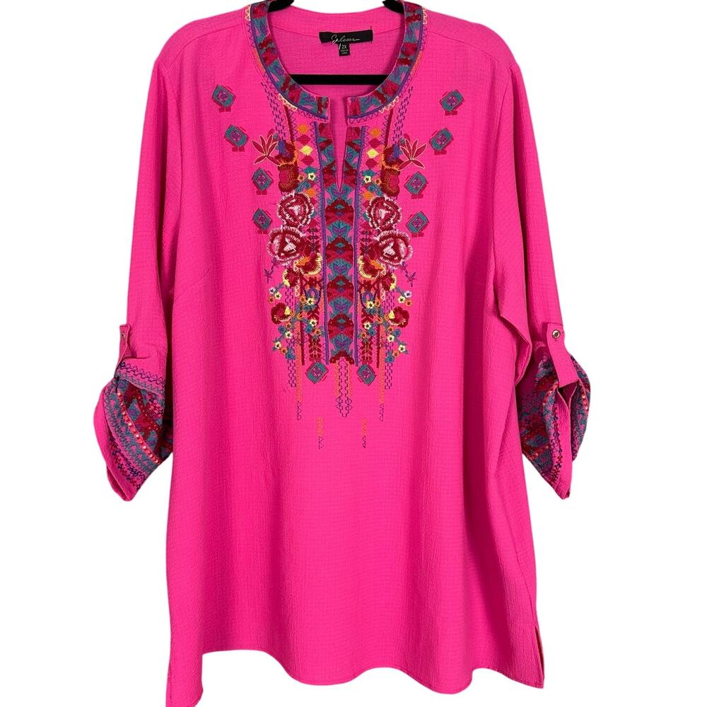 Calessa Pink Embroidered Blouse Top Roll Tab Sleeve Plus Size 2X